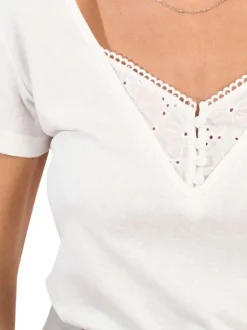 T-shirt blanc uni pouru d'un col v avec des détails en broderie anglaise