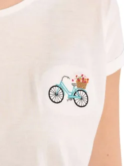 T-shirt blanc uni pourvu de manches courtes et d'un vélo brodé sur la poitrine