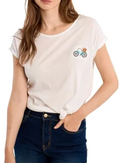 T-shirt blanc uni pourvu de manches courtes et d'un vélo brodé sur la poitrine