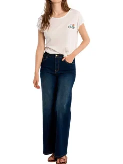 T-shirt blanc uni pourvu de manches courtes et d'un vélo brodé sur la poitrine