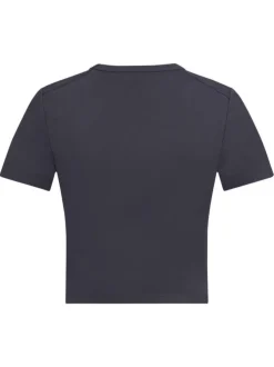 T-shirt bleu ardoise uni avec une coupe crop top près du corps et un col rond
