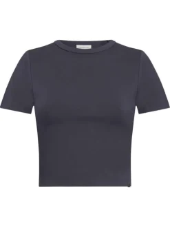 T-shirt bleu ardoise uni avec une coupe crop top près du corps et un col rond