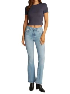 T-shirt bleu ardoise uni avec une coupe crop top près du corps et un col rond
