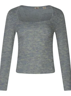 T-shirt bleu avec un imprimé chiné multicolore et un col carré