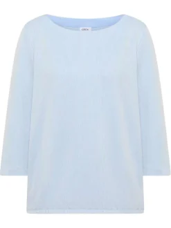 T-shirt bleu clair à rayures pourvu d'une coupe droite et d'un col rond