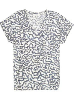 T-shirt bleu et écru à motifs abstraits imprimés avec une coupe droite