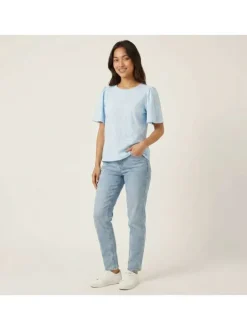 T-shirt bleu géométrique avec une coupe droite et un col rond