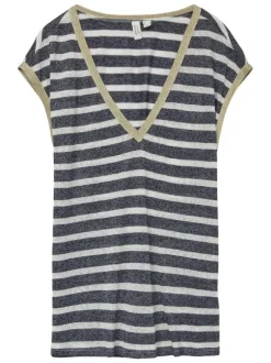 T-shirt bleu marine chiné à rayures avec un col v pailleté et une coupe droite