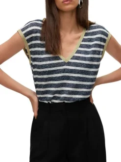 T-shirt bleu marine chiné à rayures avec un col v pailleté et une coupe droite