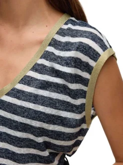 T-shirt bleu marine chiné à rayures avec un col v pailleté et une coupe droite