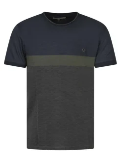 T-shirt bleu marine à motifs géométriques et à col rond avec le logo brodé