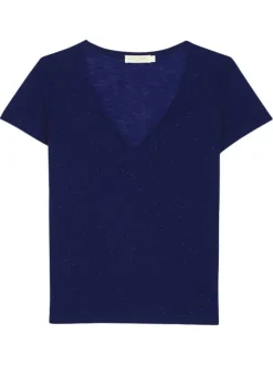 T-shirt bleu marine pailleté à coupe droite avec manches courtes et col v