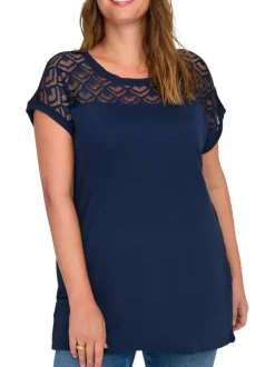 T-shirt bleu marine uni avec de la dentelle au niveau du buste et à col rond