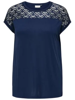 T-shirt bleu marine uni avec de la dentelle au niveau du buste et à col rond