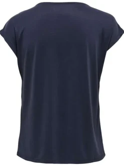T-shirt bleu marine uni avec une coupe ample et un col v en lurex doré