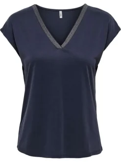 T-shirt bleu marine uni avec une coupe ample et un col v en lurex doré