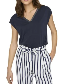 T-shirt bleu marine uni avec une coupe ample et un col v en lurex doré