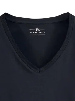 T-shirt bleu marine uni avec une coupe droite et un col v en maille