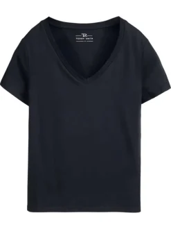 T-shirt bleu marine uni avec une coupe droite et un col v en maille