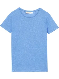 T-shirt bleu pailleté à coupe droite avec col rond et manches courtes