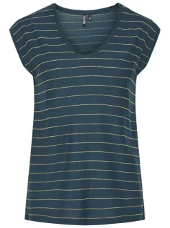 T-shirt bleu pétrole à rayures dorées avec un col v et une coupe droite