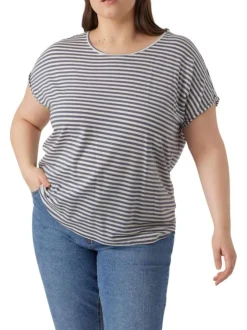 T-shirt bleu rayé avec une coupe droite, un col rond et à manches courtes