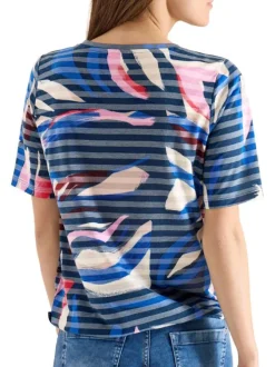 T-shirt bleu à rayures avec une coupe droite et un col rond