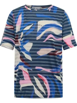 T-shirt bleu à rayures avec une coupe droite et un col rond
