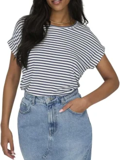 T-shirt bleu à rayures horizontales avec une coupe ample et un col rond