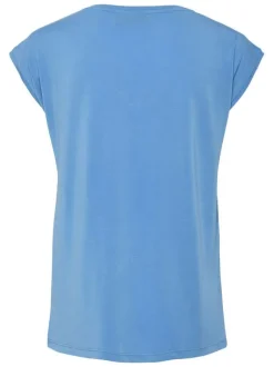 T-shirt bleu uni avec un col v une coupe droite et des manches très courtes