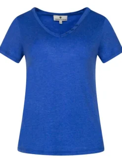 T-shirt bleu uni avec une coupe fluide et un col v à manches courtes