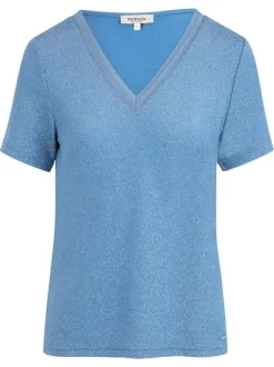 T-shirt bleu uni à coupe droite, col v et à manches courtes brillant