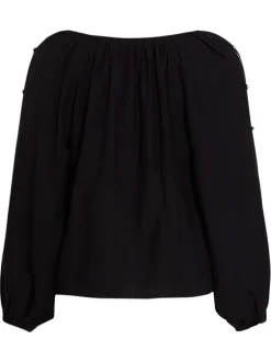 T-shirt blouse noir uni pourvu d'un col rond et de manches longues