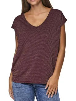 T-shirt bordeaux à rayures avec col v arrondi et incrustation de fils lurex