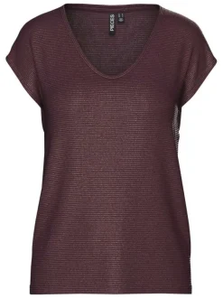 T-shirt bordeaux à rayures avec col v arrondi et incrustation de fils lurex