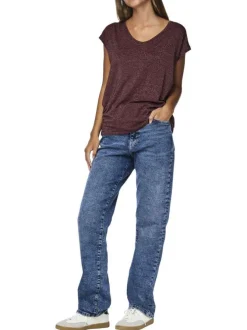 T-shirt bordeaux à rayures avec col v arrondi et incrustation de fils lurex