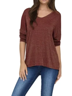 T-shirt bordeaux uni avec du lurex et une coupe droite à col v
