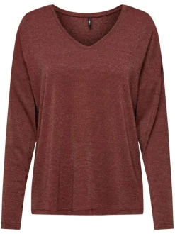 T-shirt bordeaux uni avec du lurex et une coupe droite à col v