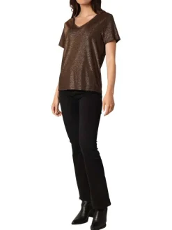 T-shirt bronze incrusté de fils lurex avec un col v et des manches courtes