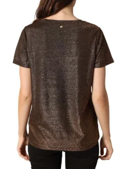 T-shirt bronze incrusté de fils lurex avec un col v et des manches courtes