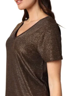 T-shirt bronze incrusté de fils lurex avec un col v et des manches courtes