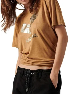 T-shirt camel uni avec une coupe droite col rond et à manches courtes