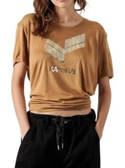 T-shirt camel uni avec une coupe droite col rond et à manches courtes