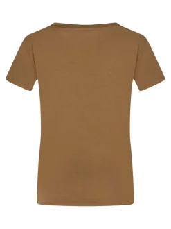 T-shirt camel uni avec une coupe droite à col v et des manches courtes