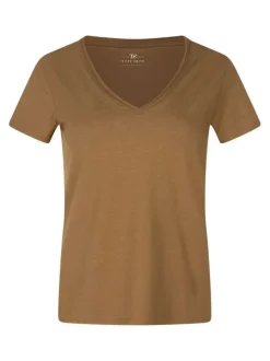 T-shirt camel uni avec une coupe droite à col v et des manches courtes
