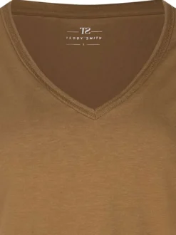 T-shirt camel uni avec une coupe droite à col v et des manches courtes