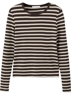 T-shirt chocolat à rayures blanches avec une coupe ajustée et un col rond