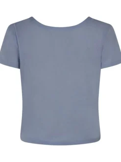 T-shirt ciel en maille dévorée coupe cropped et col bateau à manches courtes