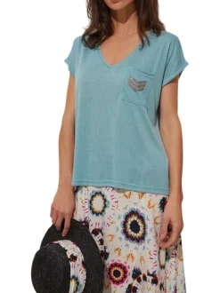 T-shirt ciel uni avec un col v une coupe droite et des manches courtes