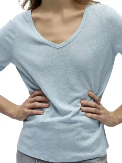 T-shirt ciel uni pourvu d'une coupe droite et de manches courtes